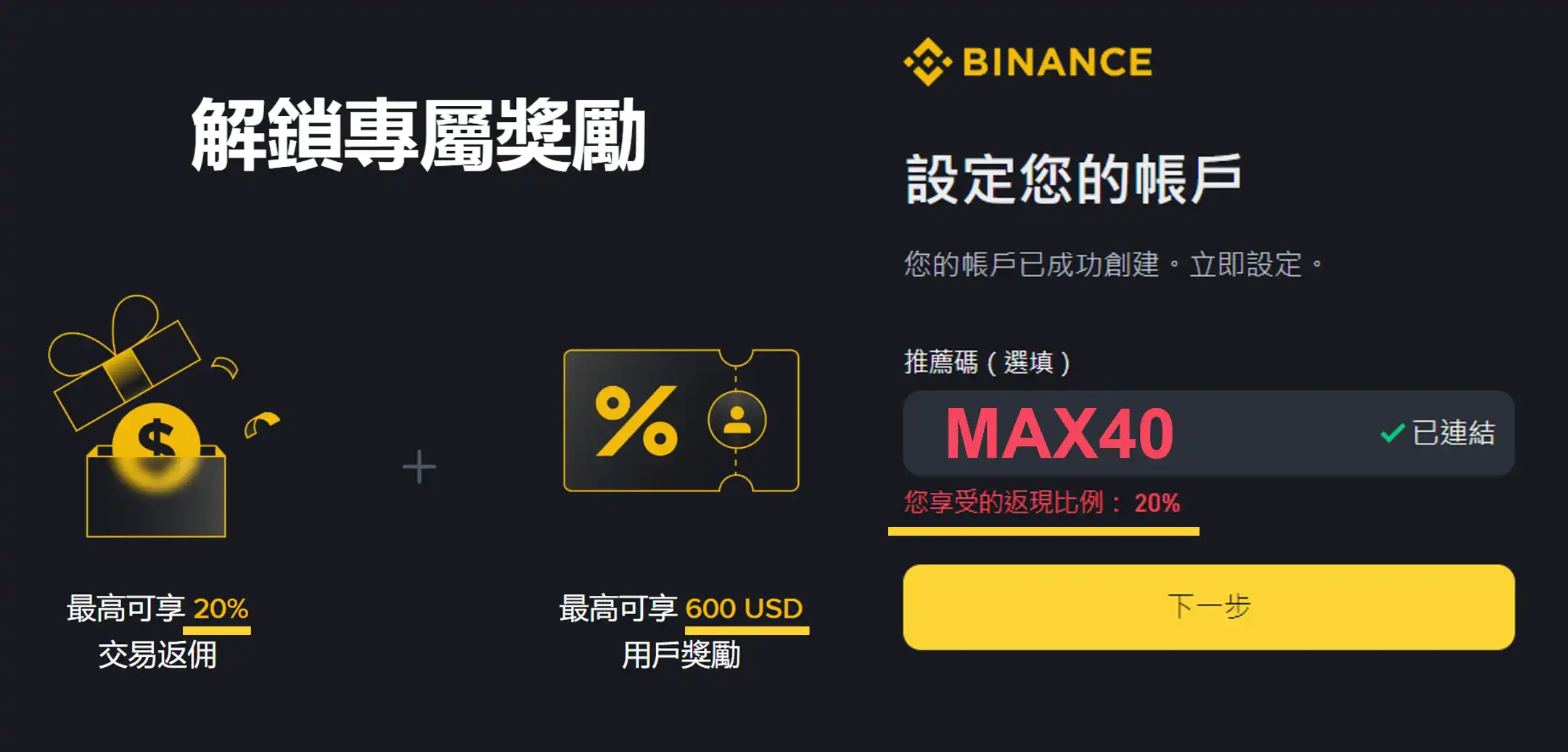 幣安邀請碼MAX40驗證流程與終生20%返現比例
