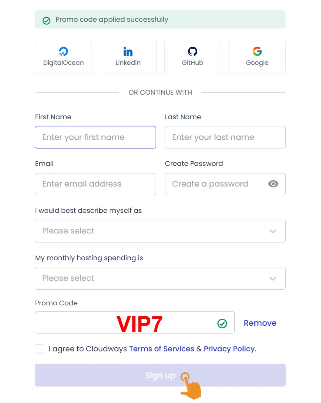 클라우드웨이즈 VIP7 신규 가입 혜택 적용 단계 및 프로모션 코드 입력창 화면