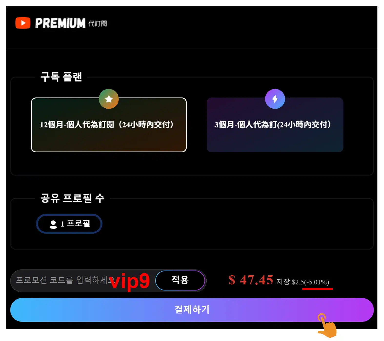 Premlogin 결제창에서 'vip9' 쿠폰 적용 후 5% 즉시 할인이 적용된 모습.