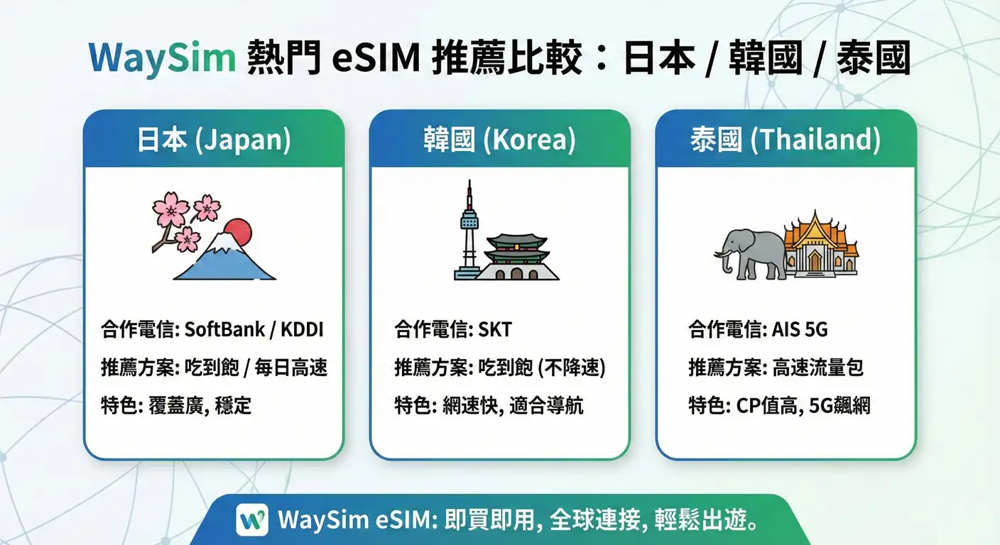 威訊折扣碼 WaySim 韓國日本泰國上網流量方案比較表格